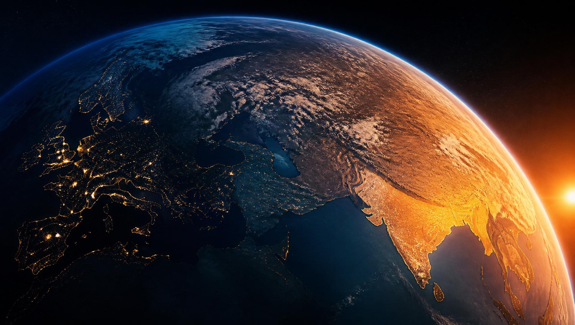 Earth from space at the day-night terminator - sunrise over India, night over the UK